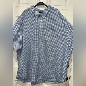 Basic editions white and blue checkered button up shirt has stains fyi